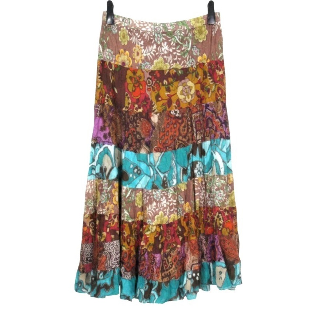 PLANET GOLD Multicolor PATCHWORK Boho Hippie A-LINE TIERED MAXI SKIRT Sz L